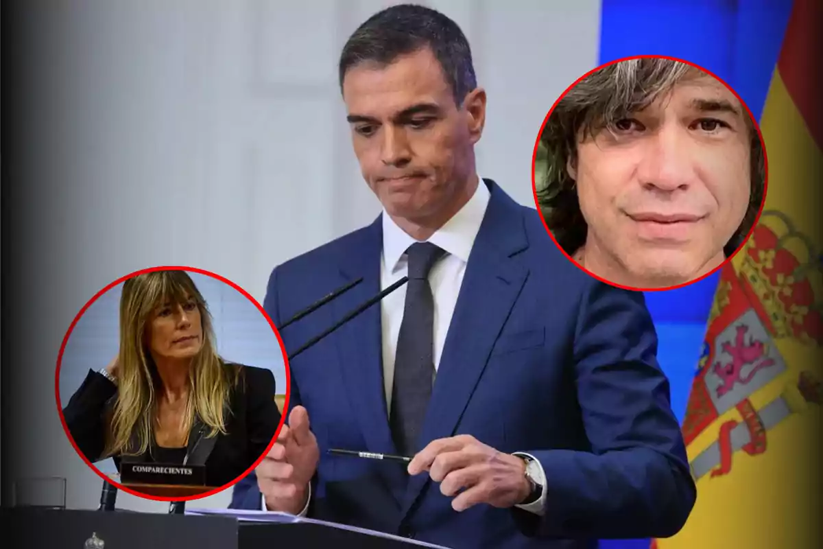 Un hombre en traje azul oscuro está en un podio con micrófonos, con dos imágenes circulares superpuestas de otras personas, una mujer y un hombre, sobre un fondo que incluye una bandera.