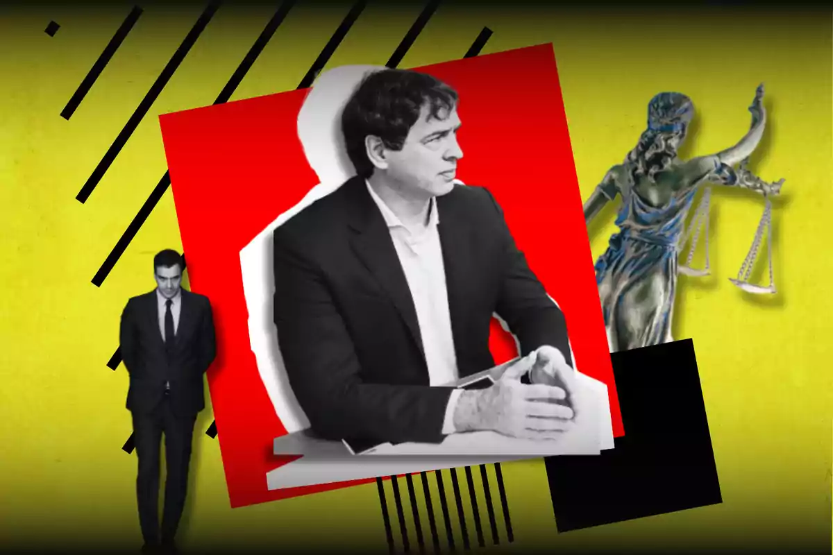 Un hombre en blanco y negro está sentado sobre un fondo rojo, mientras que a su izquierda hay una figura de pie y a la derecha una estatua de la justicia, todo sobre un fondo amarillo con líneas negras.