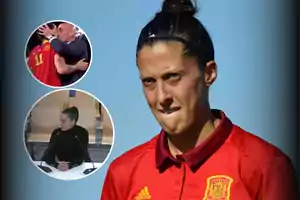 A player with a serious expression wears a red Spanish national team jersey, next to her are two circular images, one showing two people hugging and the other a person sitting in front of microphones.