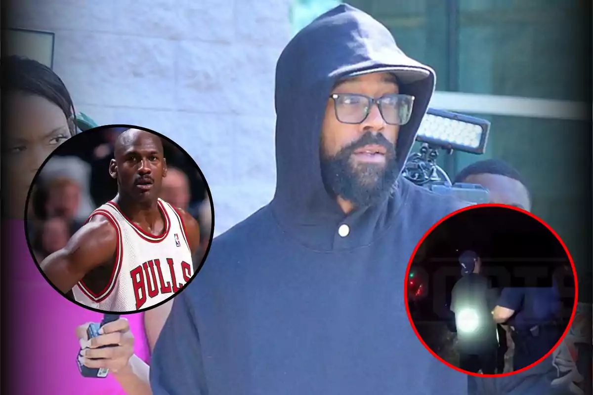 Un hombre con gafas y capucha negra está en el centro de la imagen, con dos círculos superpuestos que muestran a un jugador de baloncesto con camiseta de los Bulls y una escena nocturna con una persona iluminada por una linterna.