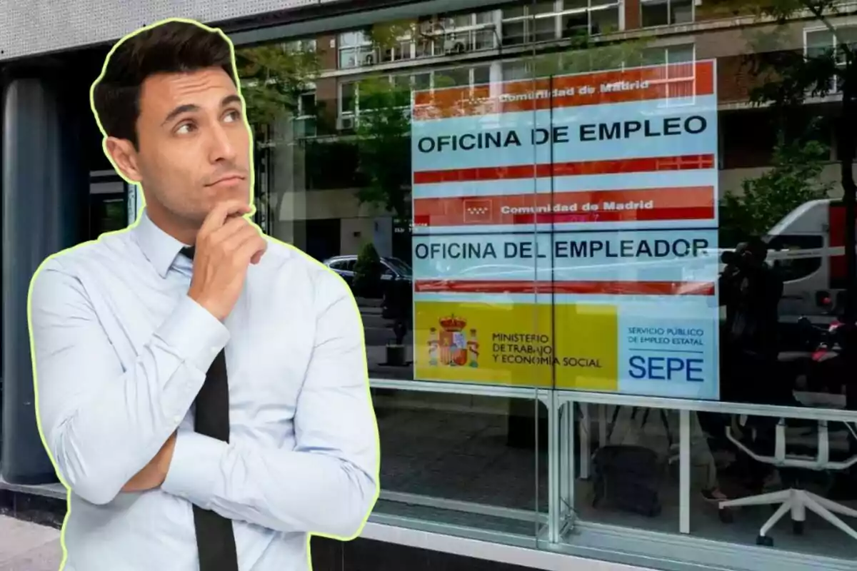 Un hombre pensativo con camisa blanca y corbata negra está superpuesto frente a una oficina de empleo de la Comunidad de Madrid.