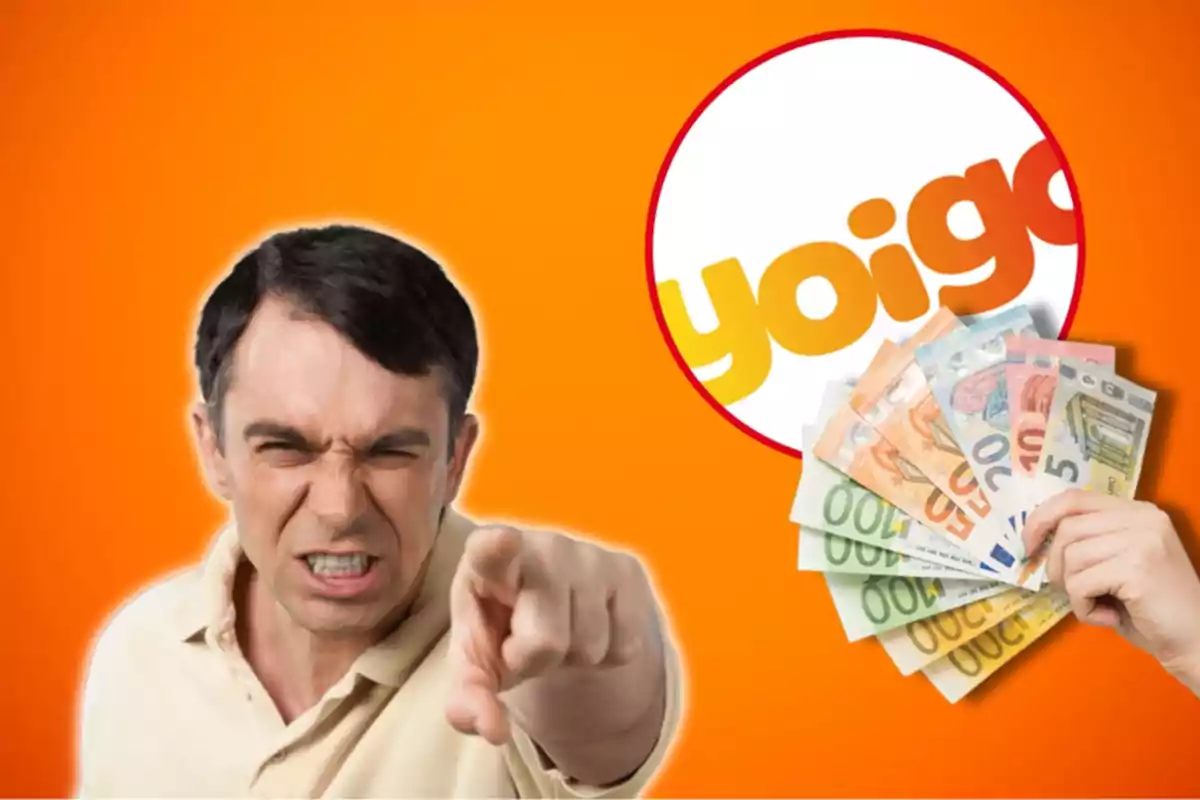 Hombre enojado señalando con el dedo, logo de Yoigo y mano sosteniendo billetes de euro sobre un fondo naranja.