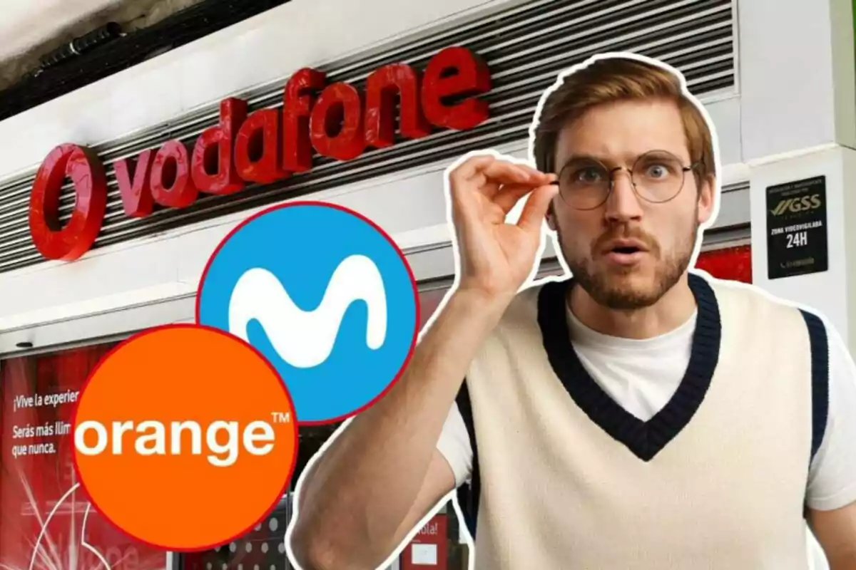 Montaje con los logos de Vodafone y Movistar y Orange, además de un hombre sorprendido