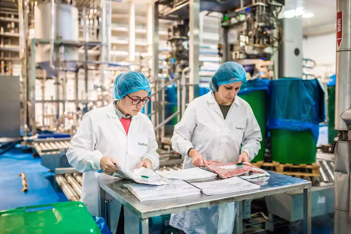 Dos personas con batas blancas y gorros de malla azul trabajando en una planta de procesamiento industrial.