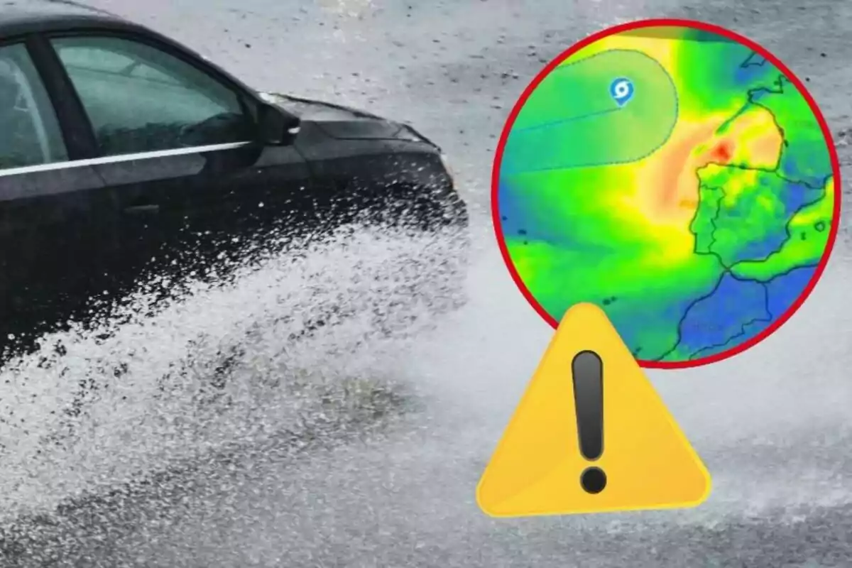 Un coche negro atraviesa una carretera inundada mientras un mapa meteorológico muestra un sistema de tormenta con un icono de advertencia amarillo.