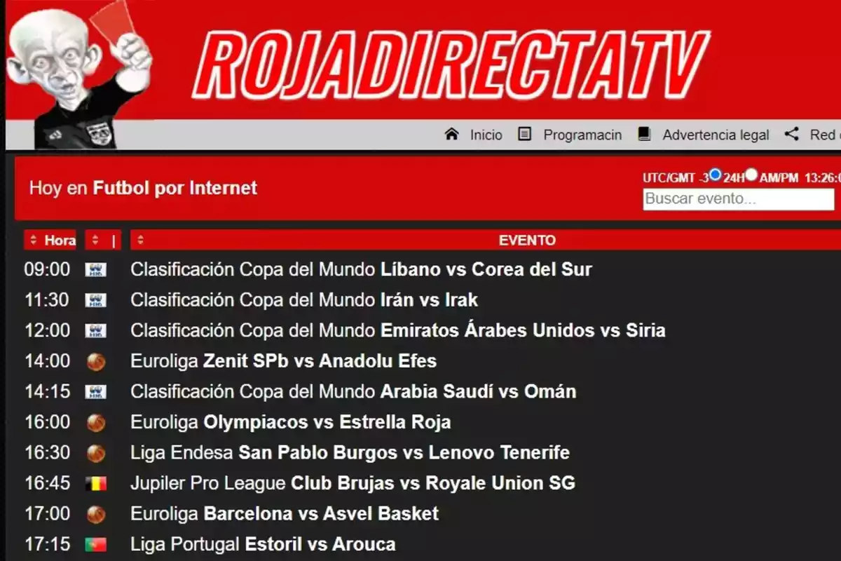 Programación de eventos deportivos en RojadirectaTV con horarios de partidos de clasificación para la Copa del Mundo y la Euroliga, incluyendo enfrentamientos como Líbano vs Corea del Sur e Irán vs Irak.