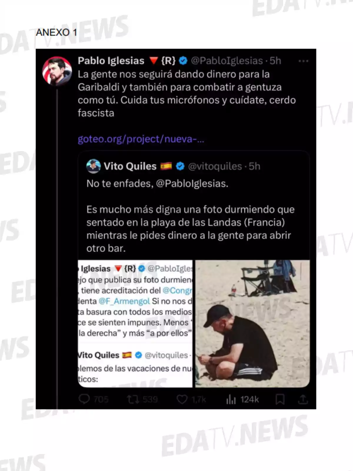Dos personas discuten en redes sociales sobre el uso de dinero y la dignidad de una foto en la playa. Dos personas discuten en redes sociales sobre el uso de dinero y la dignidad de una foto en la playa.