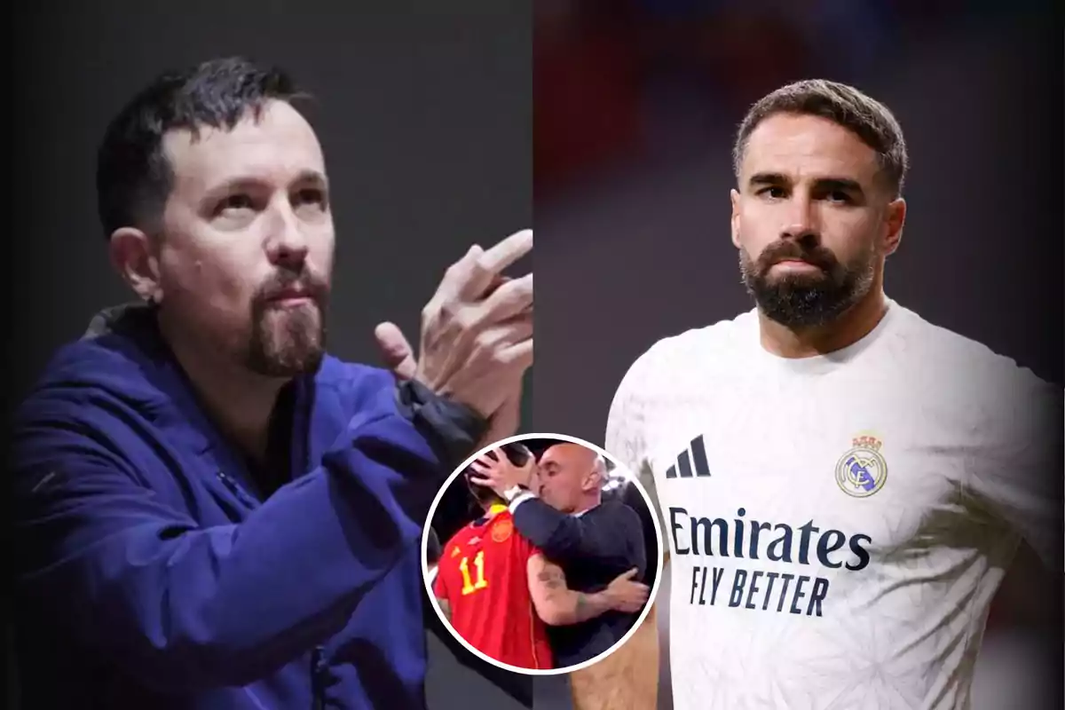 A man with a beard and a dark jacket on the left, another man with a beard and a Real Madrid jersey on the right, and a circular image in the center showing two people hugging.