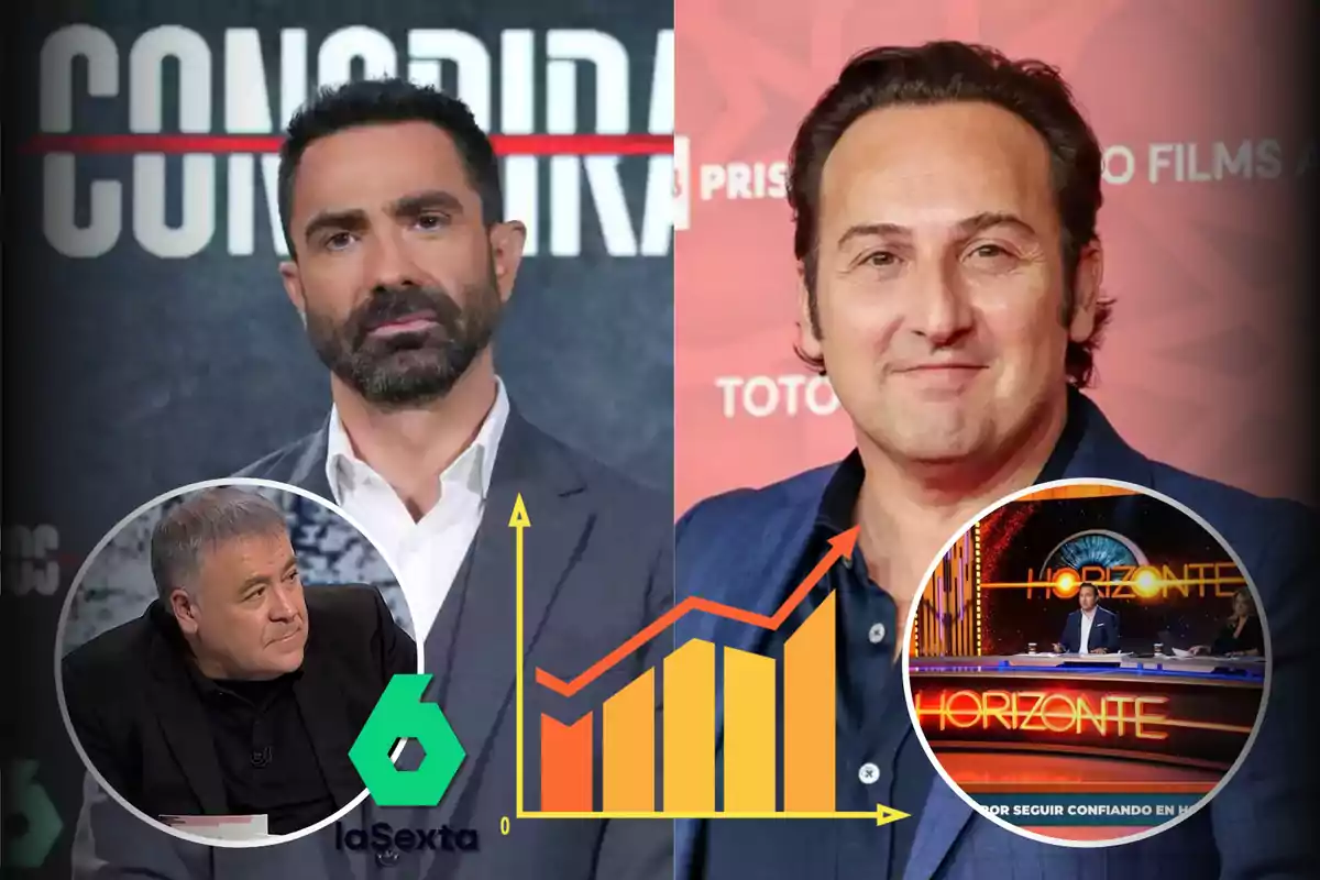 Dos hombres en un collage con gráficos de barras y logotipos de programas de televisión.