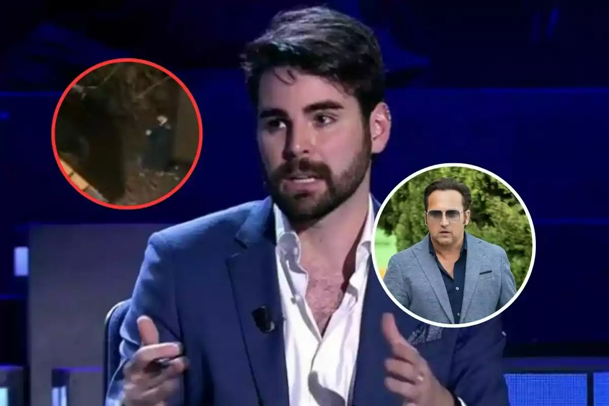 Un hombre con barba y traje azul habla en un programa de televisión, con dos imágenes circulares superpuestas que muestran a otras personas.