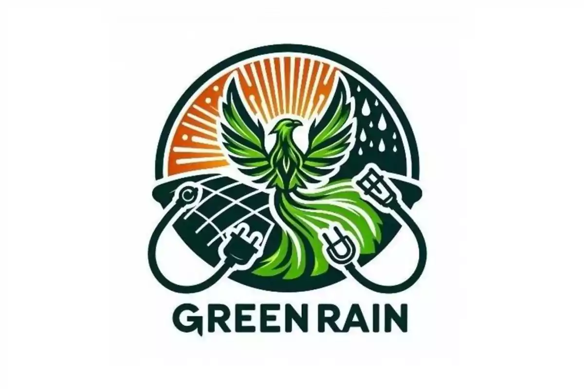 Logotipo de Green Rain con un ave verde estilizada en el centro rodeada de un fondo con rayos de sol y gotas de lluvia y cables eléctricos conectados a un panel solar.