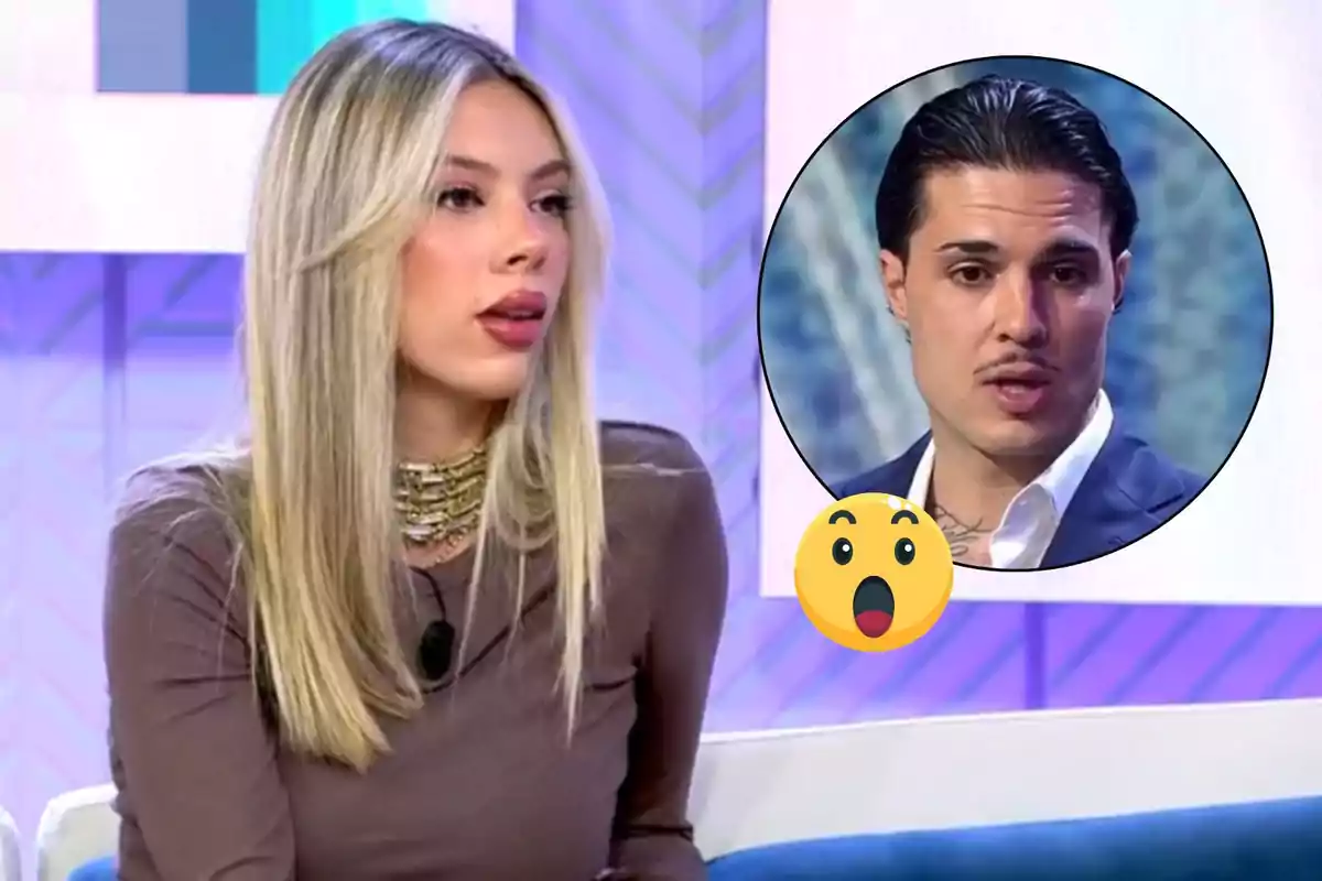 A blonde woman on a television show with a box showing a dark-haired man and a surprised emoji.