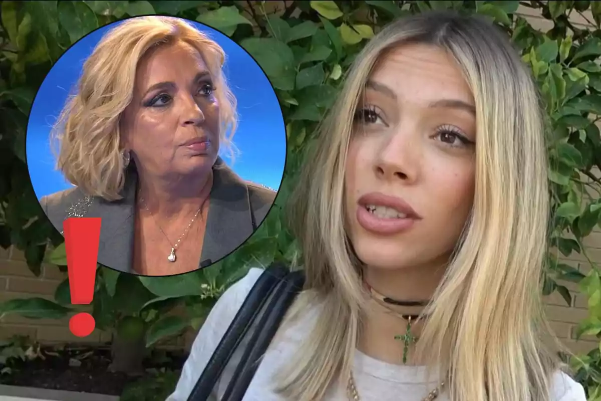 Alejandra Rubio joven con cabello rubio está al aire libre, mientras que en un círculo superpuesto se muestra a Carmen Borrego mayor con cabello rubio y expresión seria, acompañada de un signo de exclamación rojo.