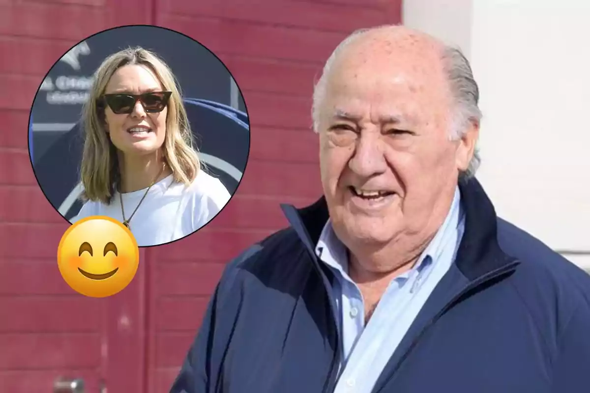 Amancio Ortega mayor sonriente con chaqueta azul y camisa clara, al fondo una pared roja, con un círculo que muestra a Marta Ortega rubia con gafas de sol y camiseta blanca, junto a un emoji sonriente