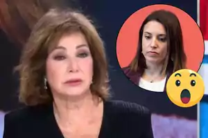 Ana Rosa Quintana de cabello castaño en primer plano con expresión seria, en la esquina superior derecha hay un círculo con Irene Montero de cabello lacio y expresión pensativa, junto a un emoji sorprendido.