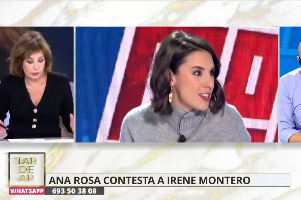 Ana Rosa Quintana e Irene Montero en un programa de televisión con el texto 