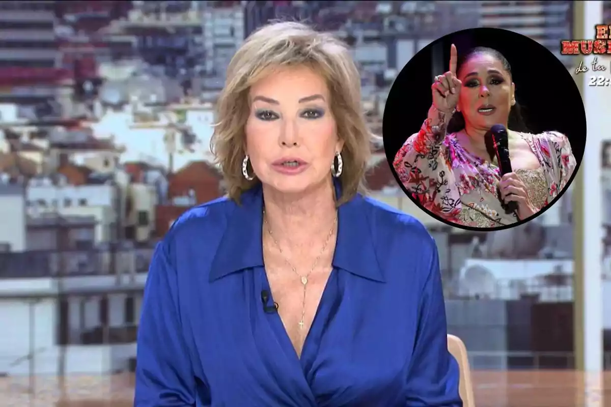 Ana Rosa Quintana con blusa azul aparece en un estudio con una imagen circular de Isabel Pantoja en el fondo.