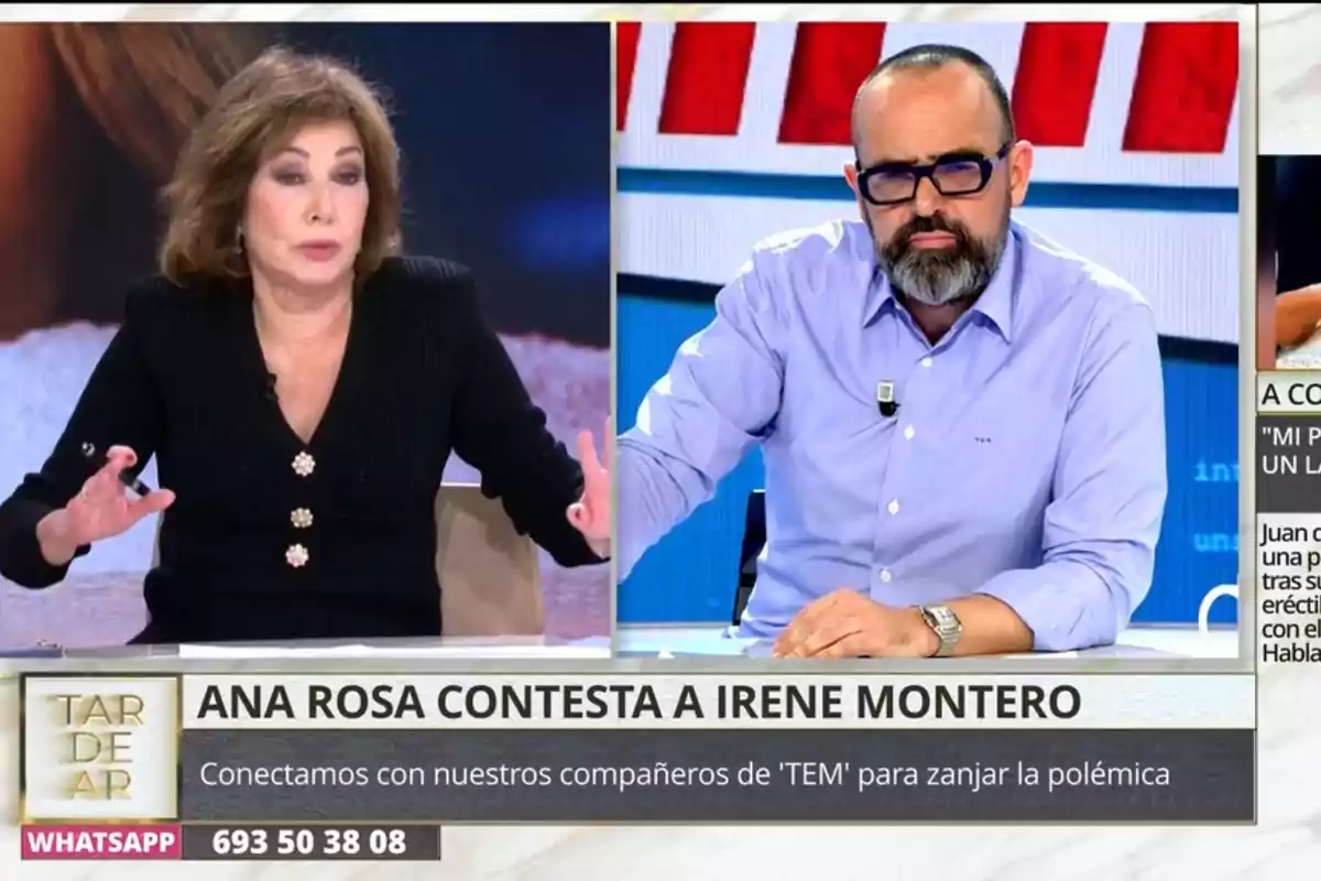 Ana Rosa Quintana y Risto Mejide discuten un tema en un programa en vivo, con un gráfico en pantalla que menciona una respuesta a Irene Montero.