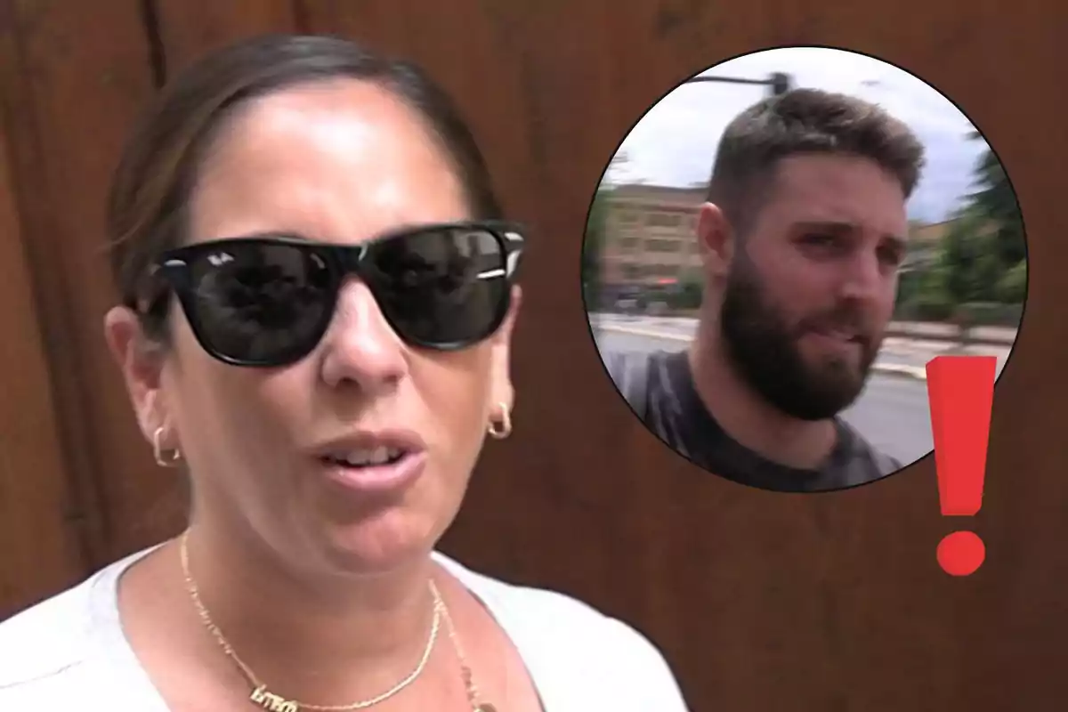 Anabel Pantoja con gafas de sol y David Rodríguez en un recuadro circular con un signo de exclamación rojo.