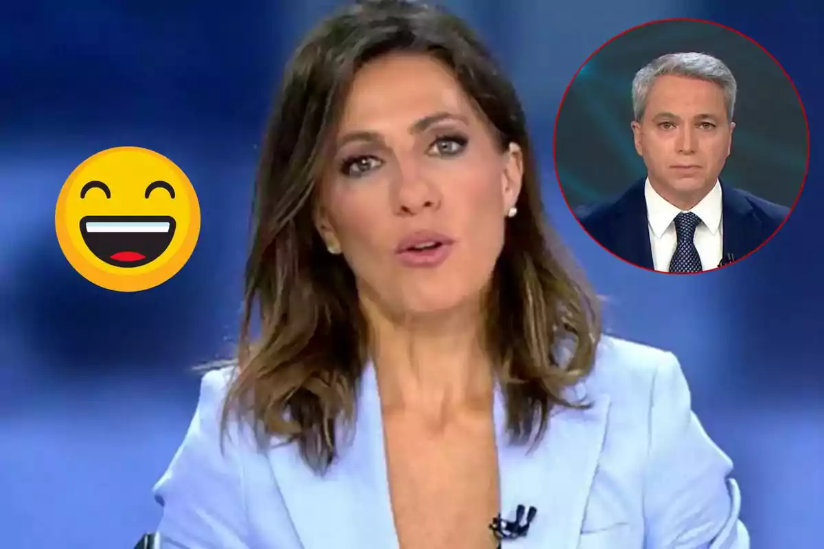 Ángeles Blanco en un estudio con un emoji sonriente y Vicente Vallés en un recuadro en la esquina superior derecha.