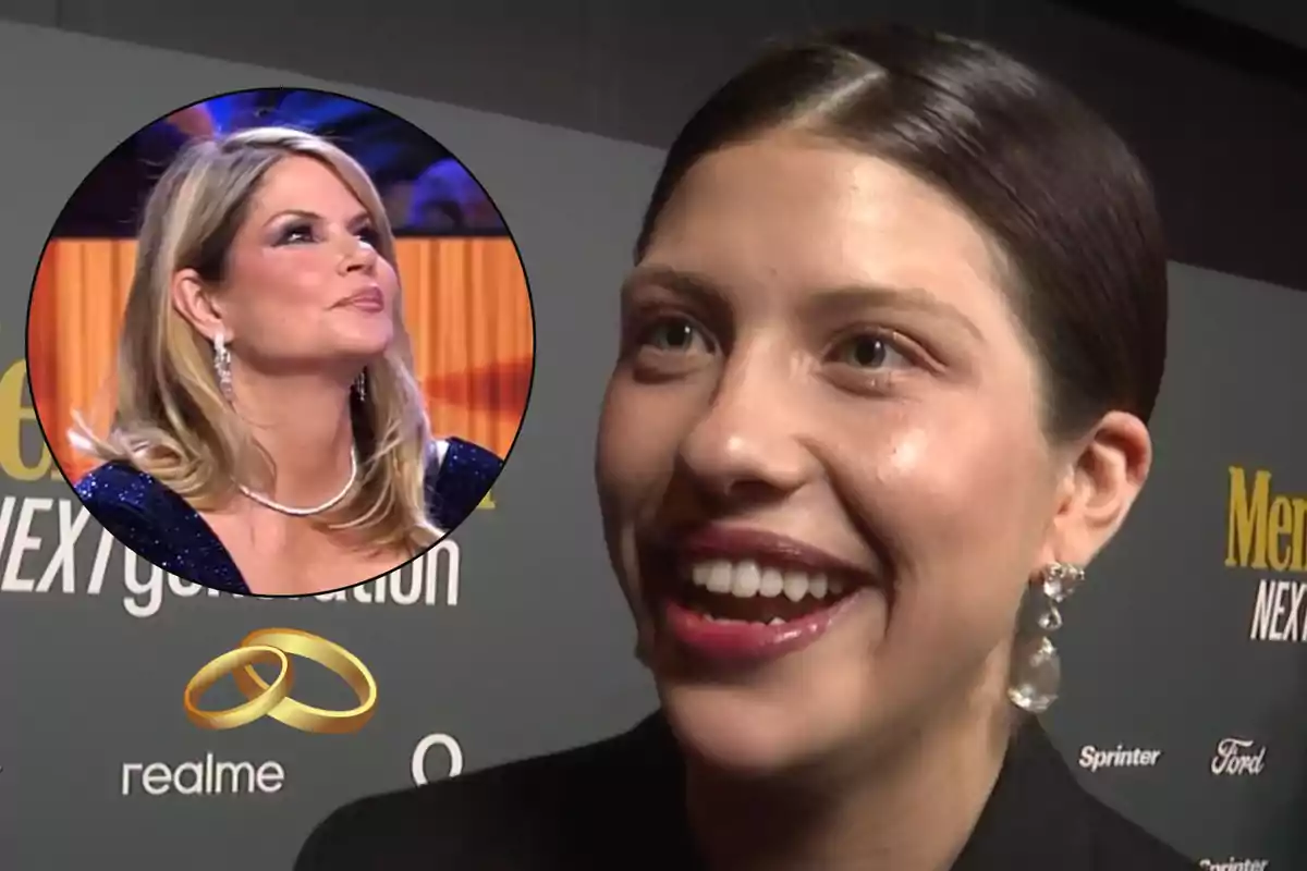 A smiling woman at an event with an inset showing another woman looking up, along with two gold rings and brand logos in the background.