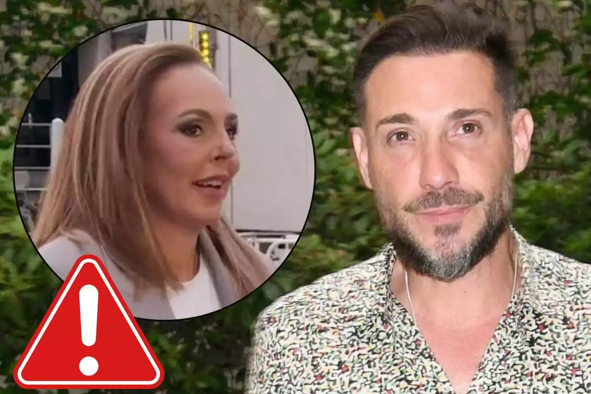 Rocío Carrasco en un círculo con un signo de advertencia rojo y Antonio David Flores con barba en el fondo.
