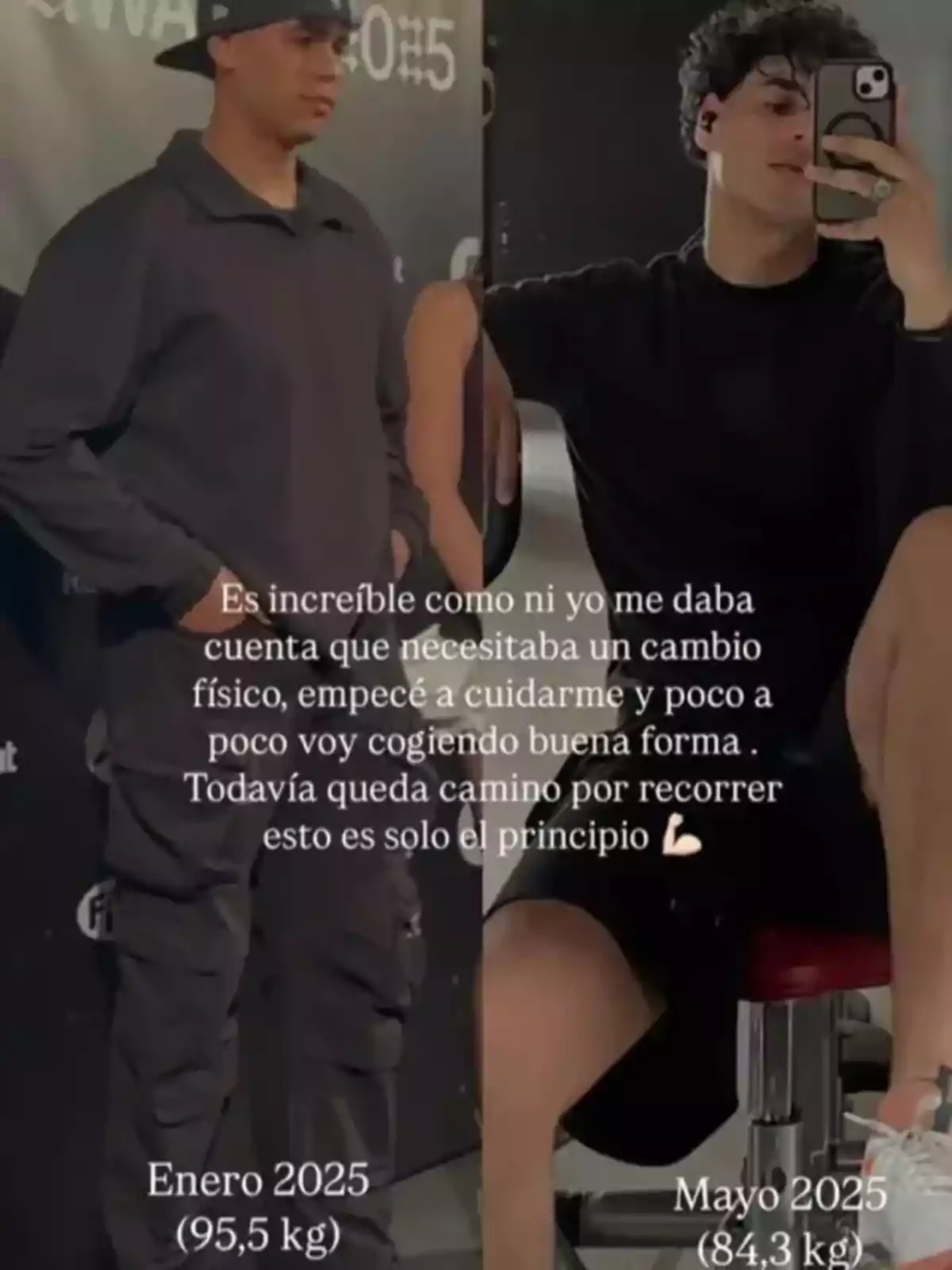 Dos fotos comparativas muestran el progreso físico de Anuar Beno entre enero y mayo de 2025, con un cambio de peso de 95.5 kg a 84.3 kg, acompañado de un mensaje de motivación sobre el inicio de un camino hacia una mejor forma física. Dos fotos comparativas muestran el progreso físico de Anuar Beno entre enero y mayo de 2025, con un cambio de peso de 95.5 kg a 84.3 kg, acompañado de un mensaje de motivación sobre el inicio de un camino hacia una mejor forma física.