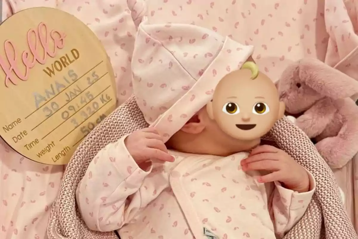 Un bebé vestido con ropa rosa estampada, con una tarjeta de bienvenida que muestra detalles de nacimiento, y un emoji cubriendo su rostro. Un bebé vestido con ropa rosa estampada, con una tarjeta de bienvenida que muestra detalles de nacimiento, y un emoji cubriendo su rostro.