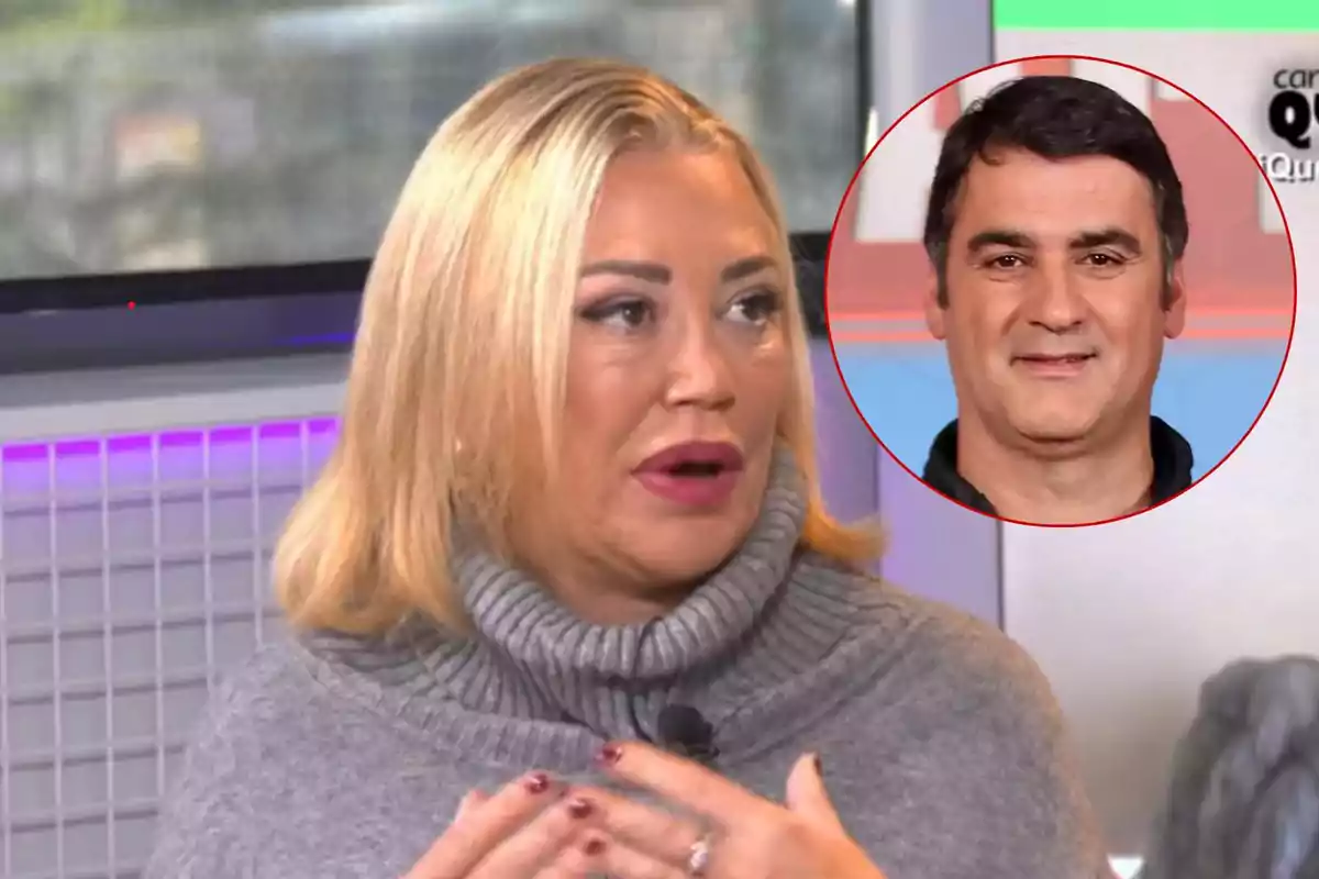 Woman in grey sweater talking on a TV show with a picture of a man in a red circle in the upper right corner.