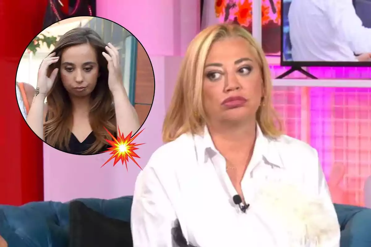 Belén Esteban rubia con expresión seria está sentada en un sofá azul en un set de televisión, mientras que en un círculo superpuesto aparece Andrea Janeiro con gesto pensativo.