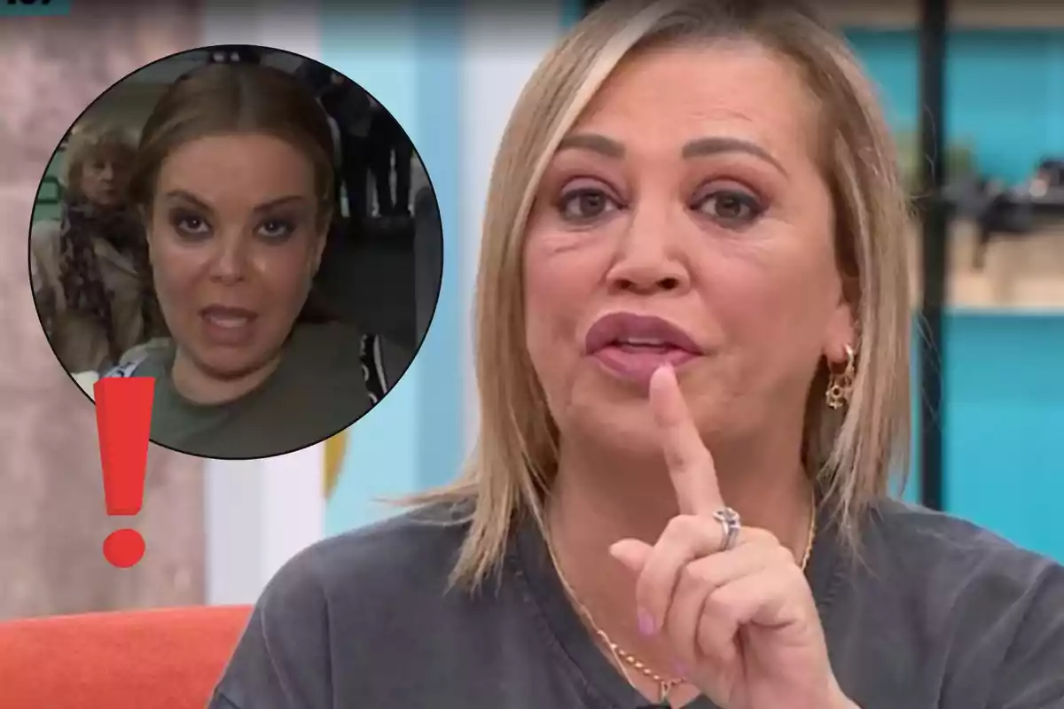 Belén Esteban en un programa de televisión hace un gesto con el dedo mientras en un recuadro aparece María José Campanario con un signo de exclamación rojo.