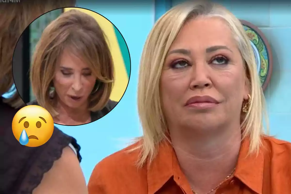 Belén Esteban rubia con expresión seria está en primer plano, mientras que en un recuadro circular se ve a María Patiño con cabello castaño mirando hacia abajo, junto a un emoji de cara triste con una lágrima.