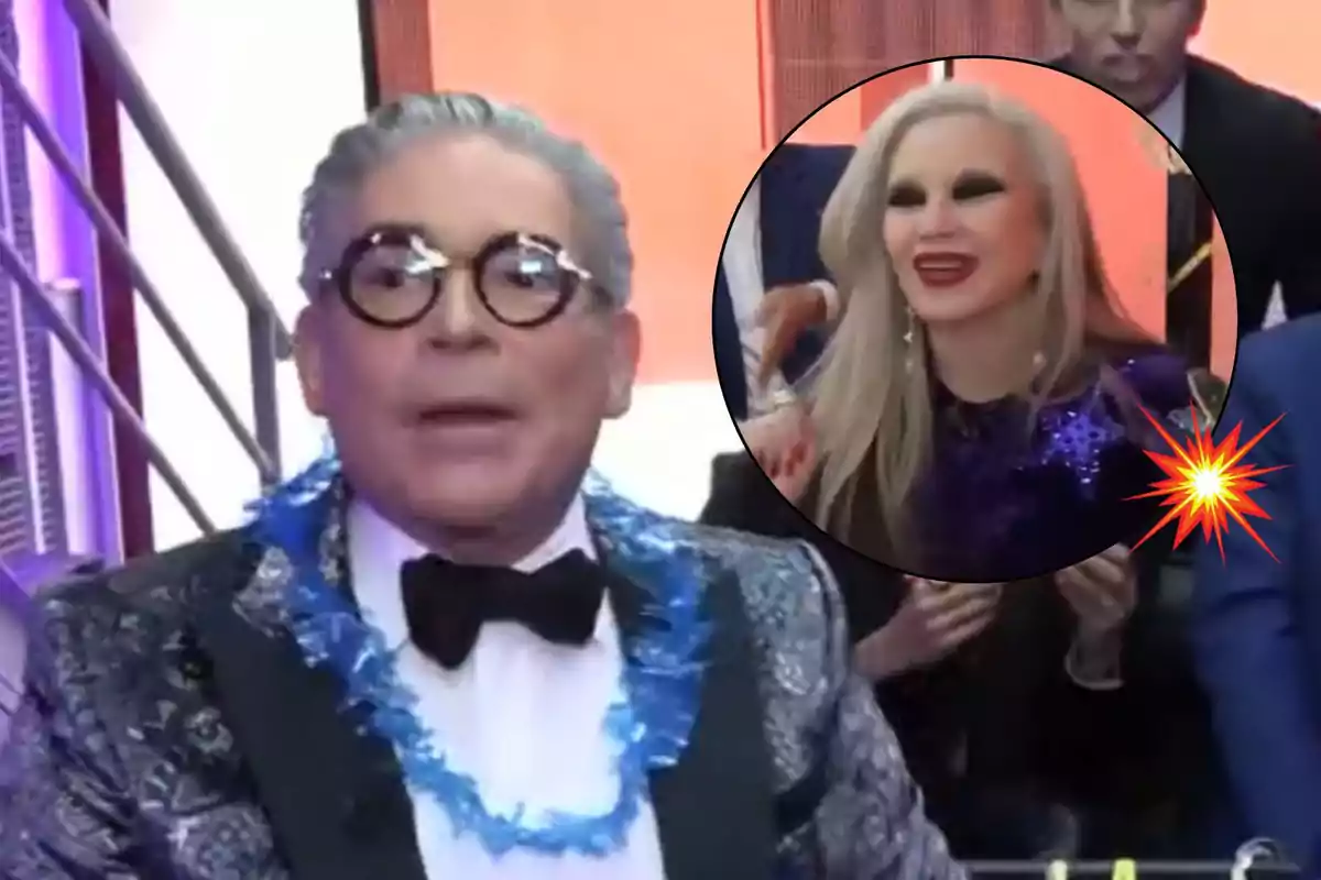 Boris Izaguirre con gafas redondas y un traje elegante está en un evento, mientras Alaska con cabello rubio y maquillaje llamativo aparece en un recuadro circular.