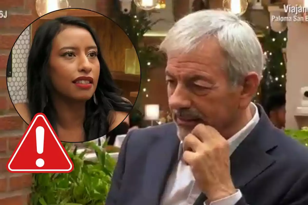 Carlos Sobera de cabello canoso y barba está sentado pensativo en un restaurante mientras Estefanía de cabello largo y oscuro aparece en un círculo sobrepuesto junto a un ícono de advertencia rojo