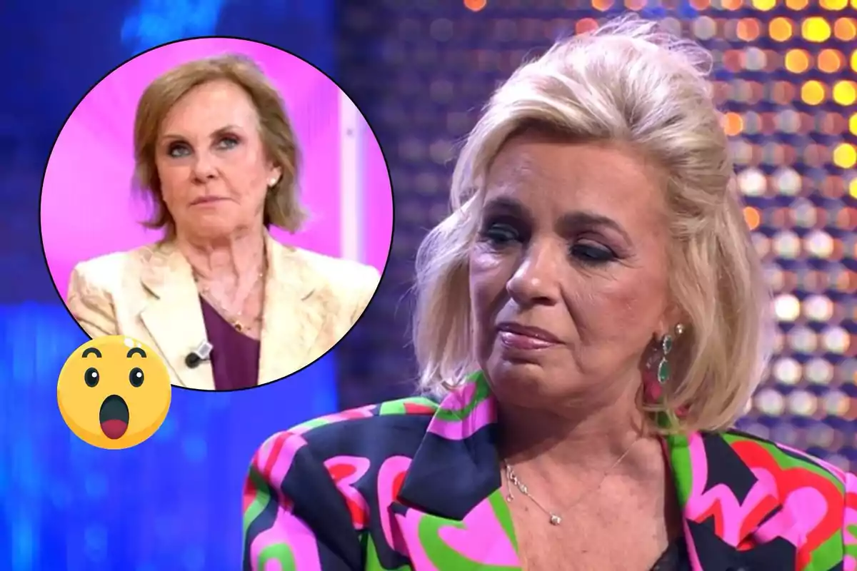 Paloma Barrientos y Carmen Borrego en un programa de televisión, Carmen en primer plano con expresión seria y Paloma en un recuadro circular en la esquina superior izquierda, acompañadas de un emoji sorprendido.