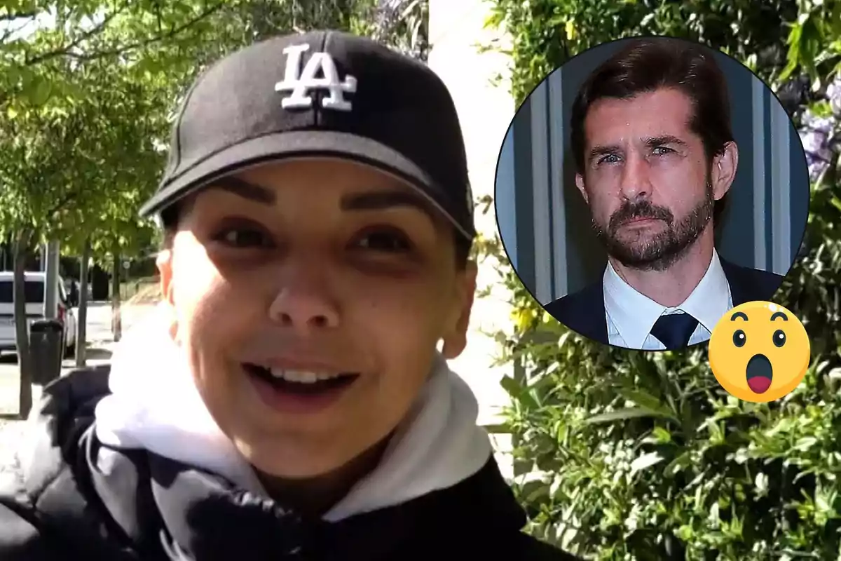 Chenoa con gorra negra de Los Angeles Dodgers sonriendo al aire libre con un recuadro que muestra a Miguel Sánchez Encinas de traje y una carita de sorpresa