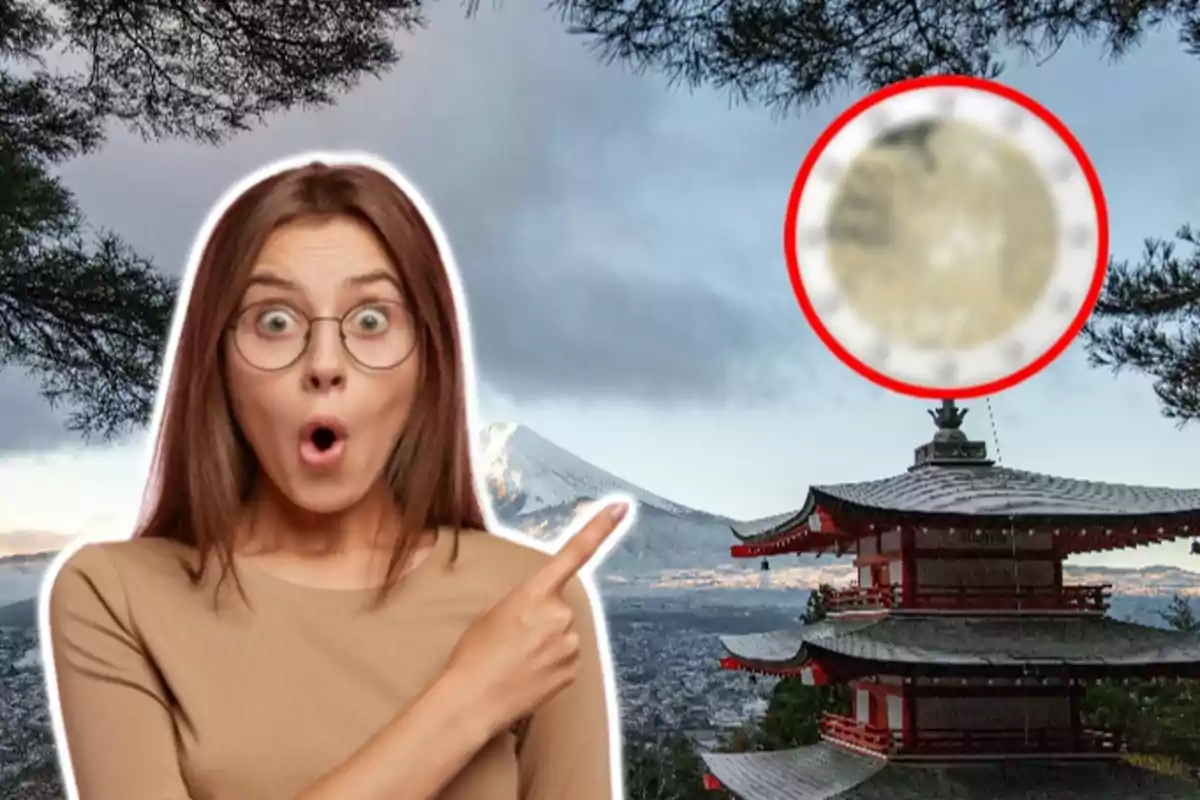 Una mujer con expresión de sorpresa señala hacia un paisaje con un templo japonés y una montaña al fondo.