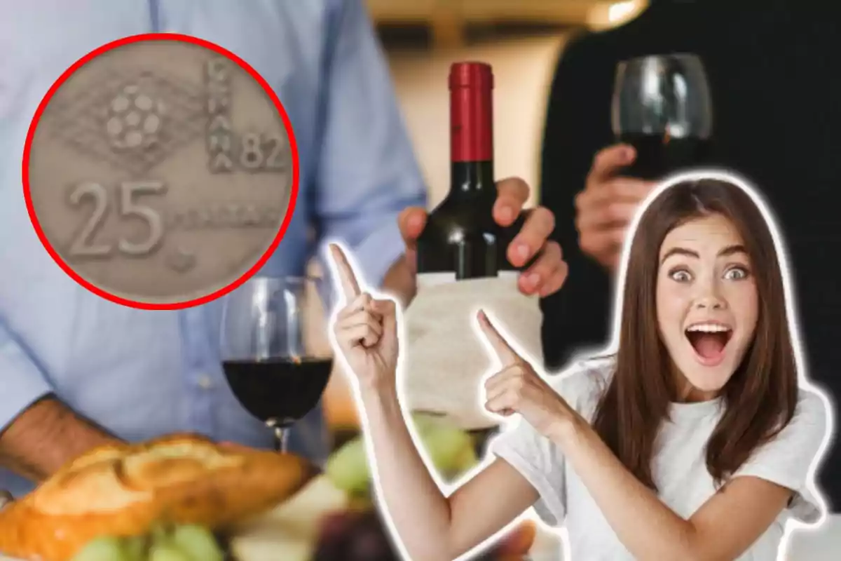 Una mujer sonriente señala hacia una botella de vino que sostiene una persona en un ambiente de cena con una moneda de 25 pesetas ampliada en un círculo rojo.