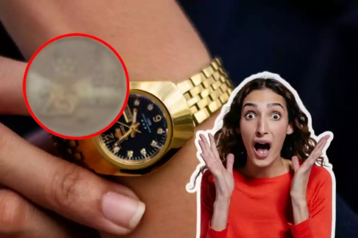 Una persona sorprendida junto a un reloj dorado con un detalle ampliado.