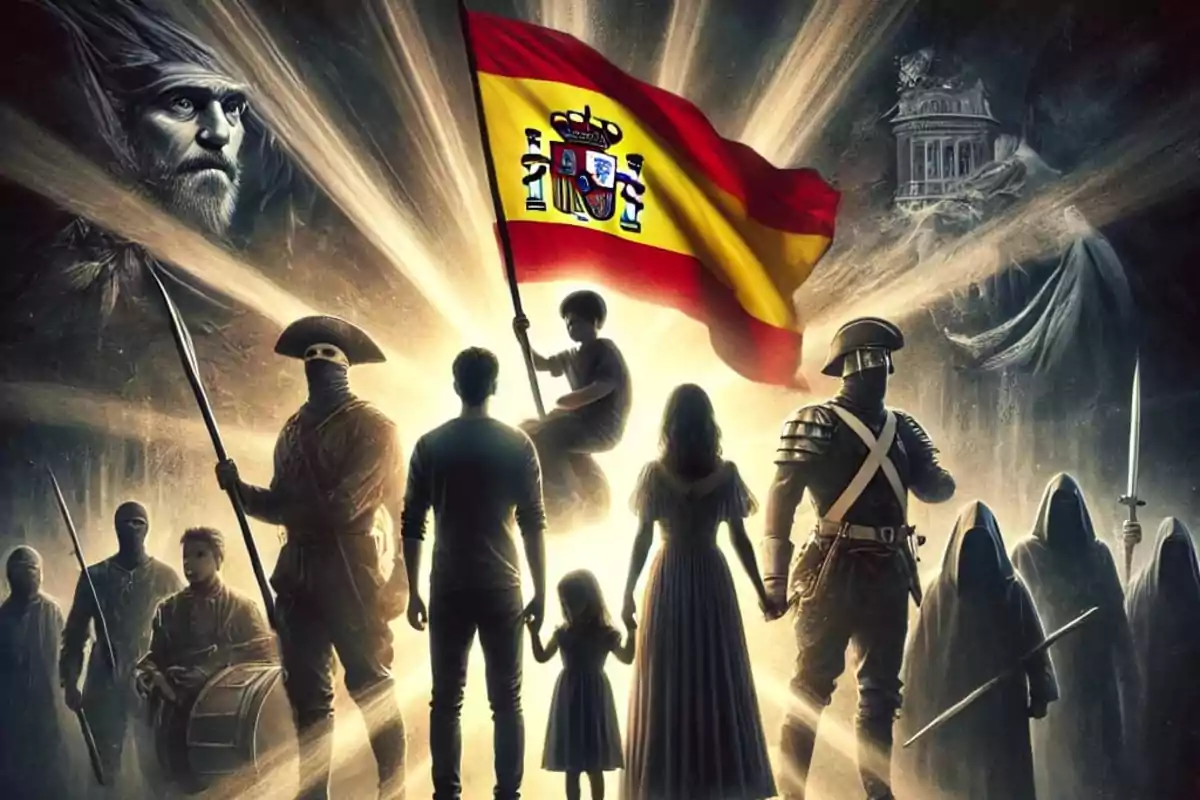 Una familia de espaldas observa una escena épica con personajes históricos y figuras encapuchadas, mientras un niño sostiene una bandera de España iluminada por un resplandor.