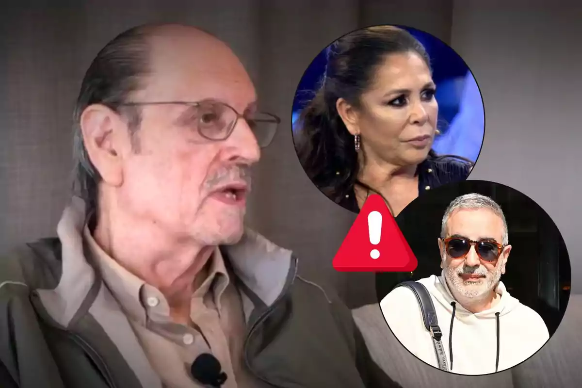 Diego Gómez con gafas y micrófono aparece en primer plano, mientras que en la esquina superior derecha hay dos imágenes circulares de Isabel Pantoja y Agustín Pantoja, con un icono de advertencia rojo entre ellas.