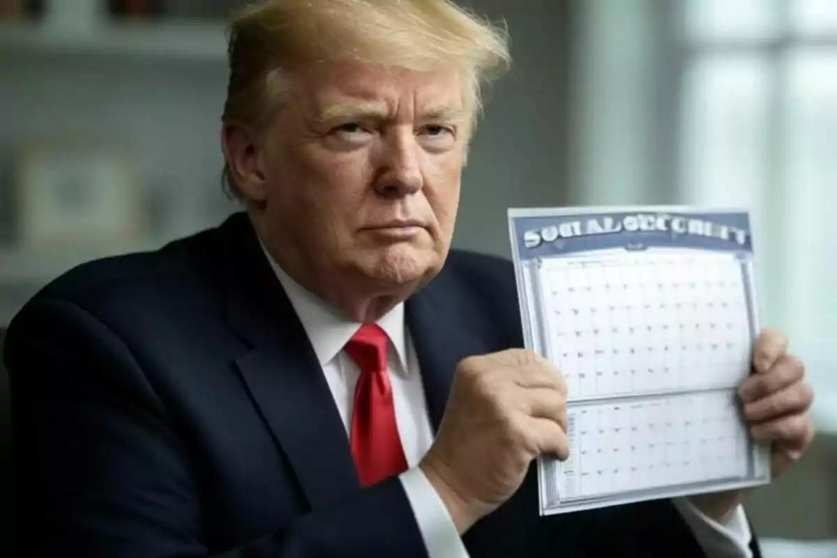 A man in a dark suit and red tie holds a calendar in his hands. A man in a dark suit and red tie holds a calendar in his hands.