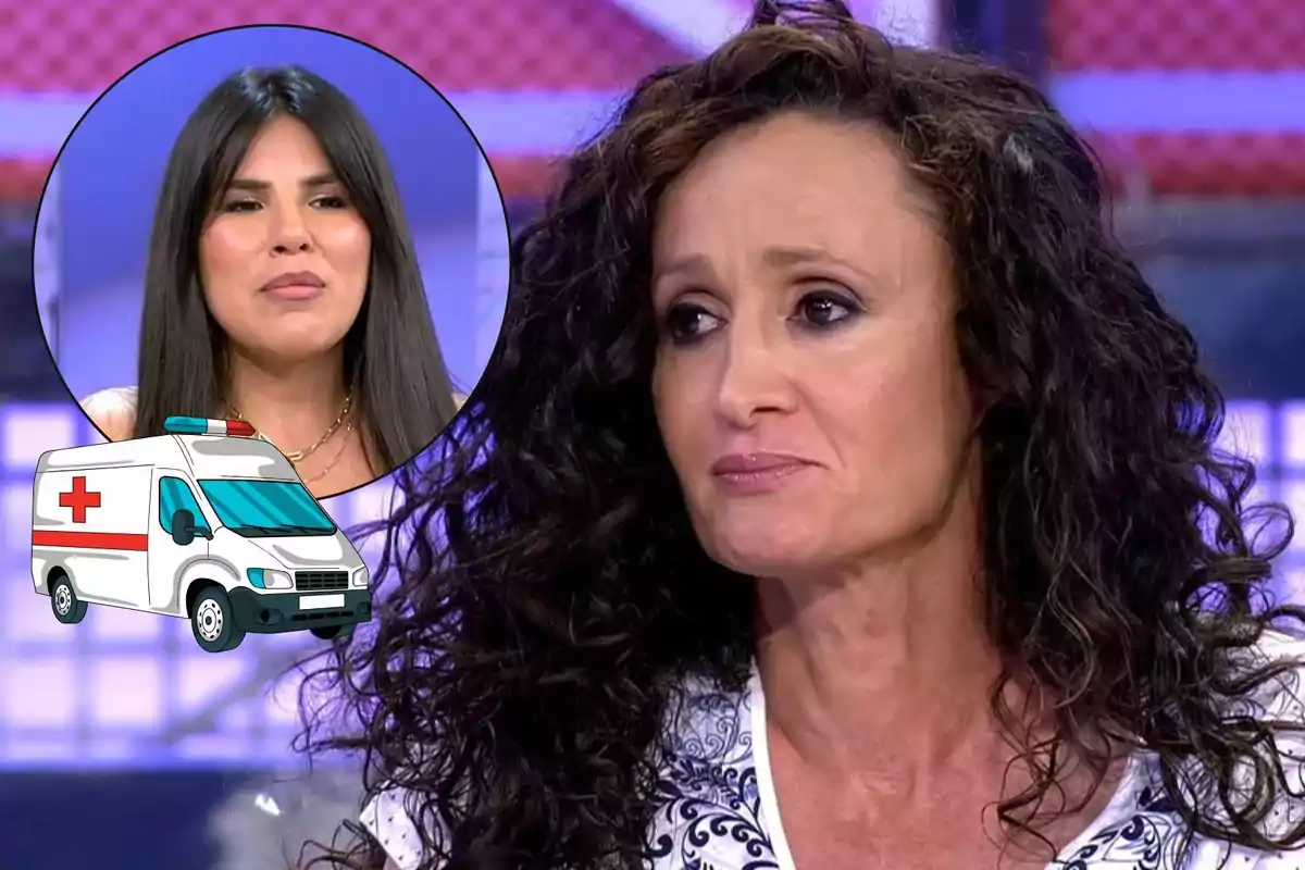 Dulce Delapiedra de cabello rizado con expresión seria en un plató de televisión, en la esquina aparece un círculo con el rostro de Isa Pantoja y una ilustración de una ambulancia