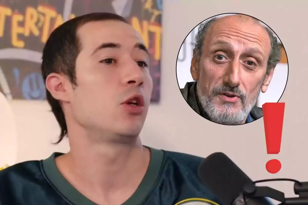 Eduardo García joven hablando frente a un micrófono con la imagen de José Luis Gil mayor y un signo de exclamación rojo en la esquina superior derecha
