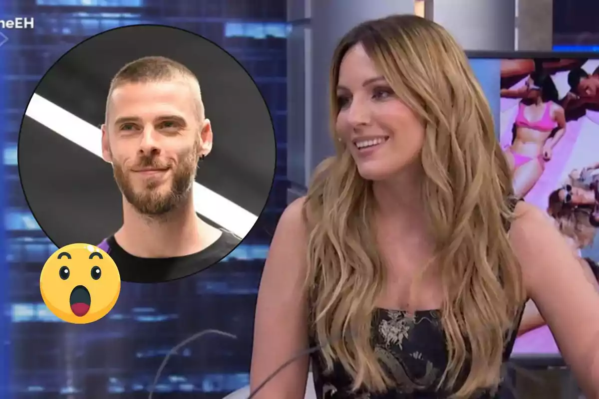 Edurne sonriente en un programa de televisión con una imagen de David de Gea en un círculo y un emoji sorprendido.