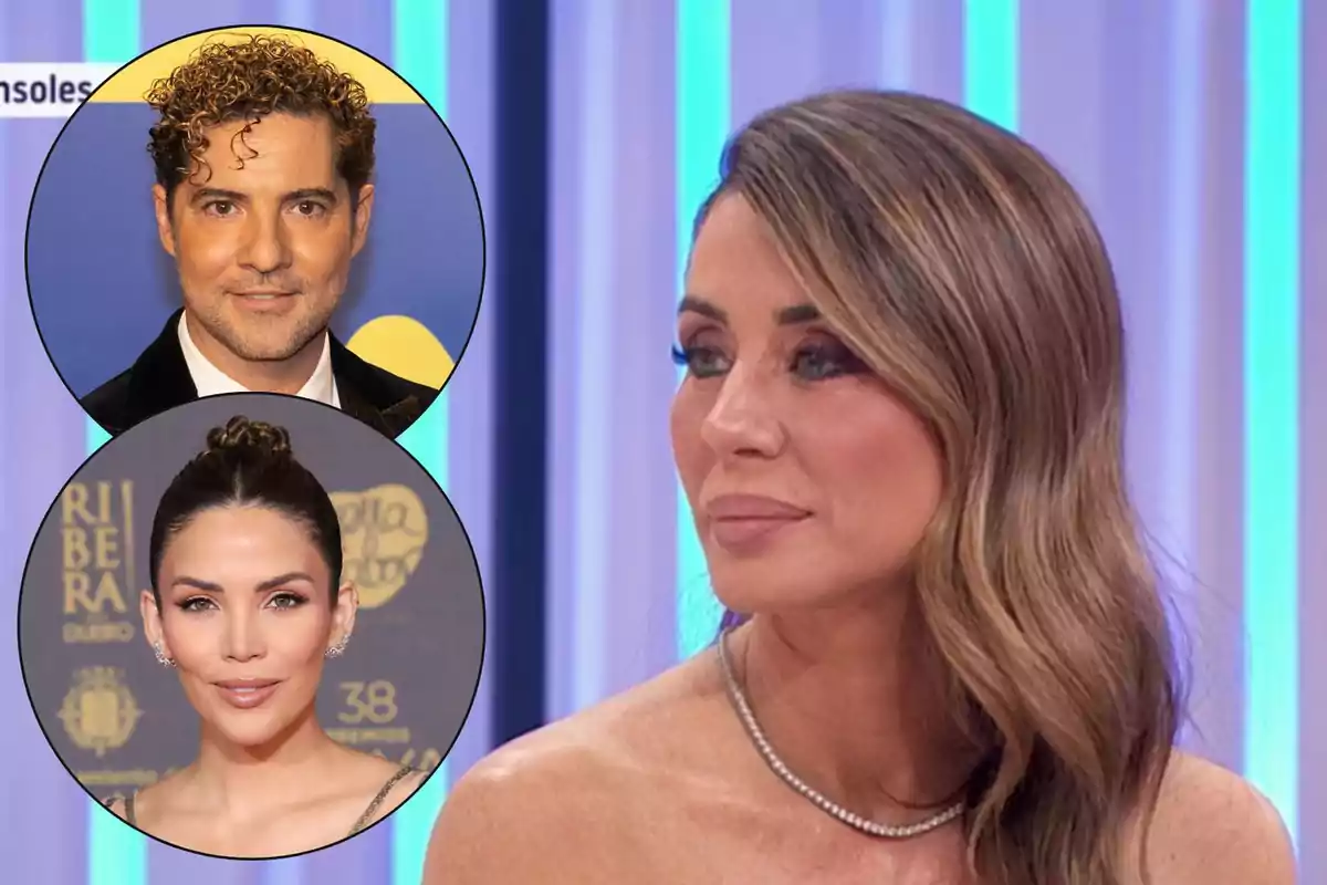 Elena Tablada con cabello largo y ondulado mira hacia un lado, mientras dos imágenes circulares más pequeñas muestran a David Bisbal con cabello rizado y a Rosanna Zanetti con el cabello recogido.