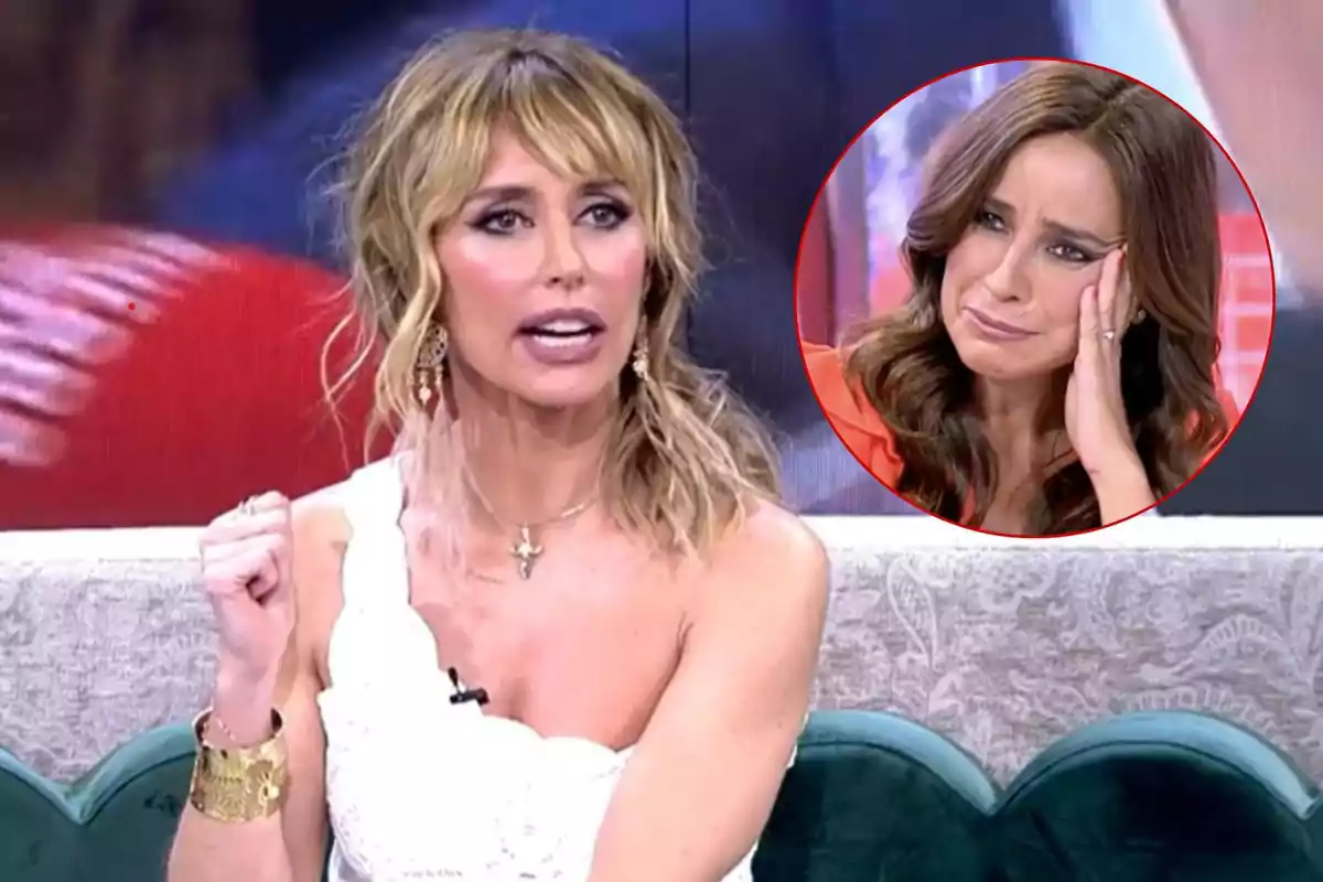 Emma García con vestido blanco habla en un programa de televisión mientras Carmen Alcayde aparece en un círculo rojo en la esquina superior derecha con expresión de tristeza.