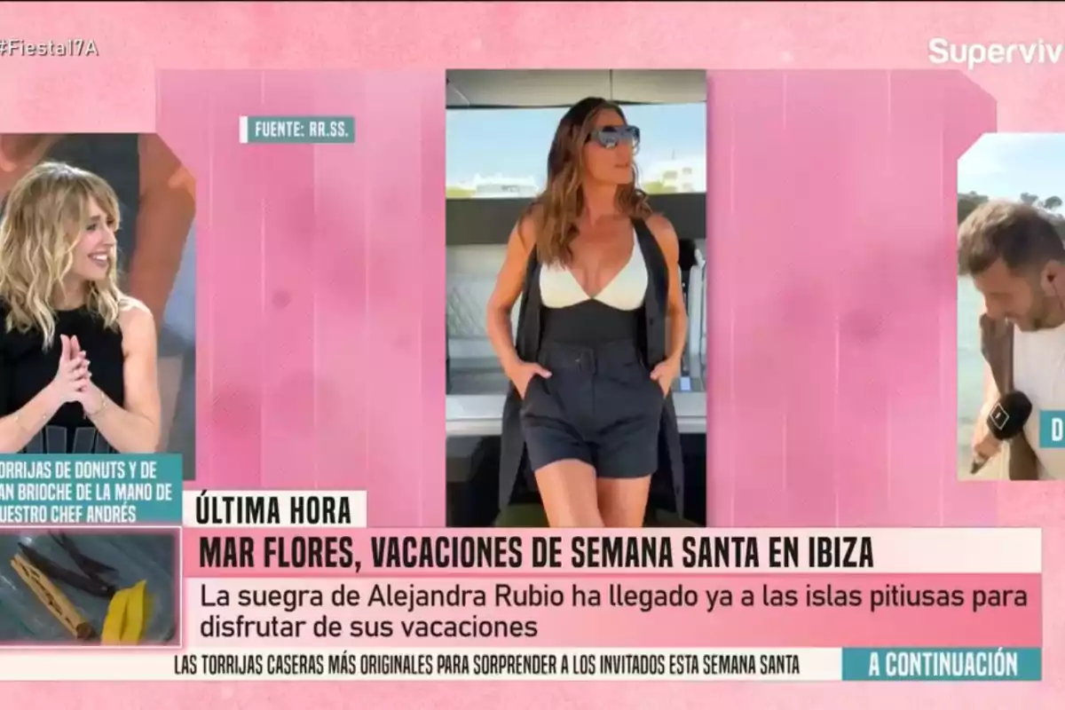 Mar Flores con gafas de sol posa en un yate, mientras en un programa de televisión se comenta sobre sus vacaciones de Semana Santa en Ibiza, con un fondo rosa y varios recuadros mostrando a otras personas y texto relacionado. Mar Flores con gafas de sol posa en un yate, mientras en un programa de televisión se comenta sobre sus vacaciones de Semana Santa en Ibiza, con un fondo rosa y varios recuadros mostrando a otras personas y texto relacionado.