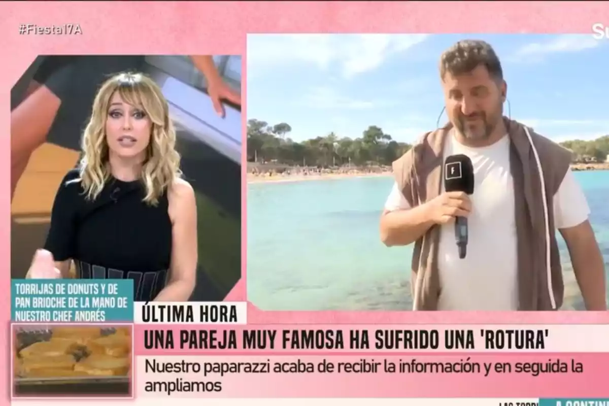 Emma García en un estudio de televisión y reportero en una playa, con texto en pantalla sobre una noticia de última hora acerca de una pareja famosa. Emma García en un estudio de televisión y reportero en una playa, con texto en pantalla sobre una noticia de última hora acerca de una pareja famosa.