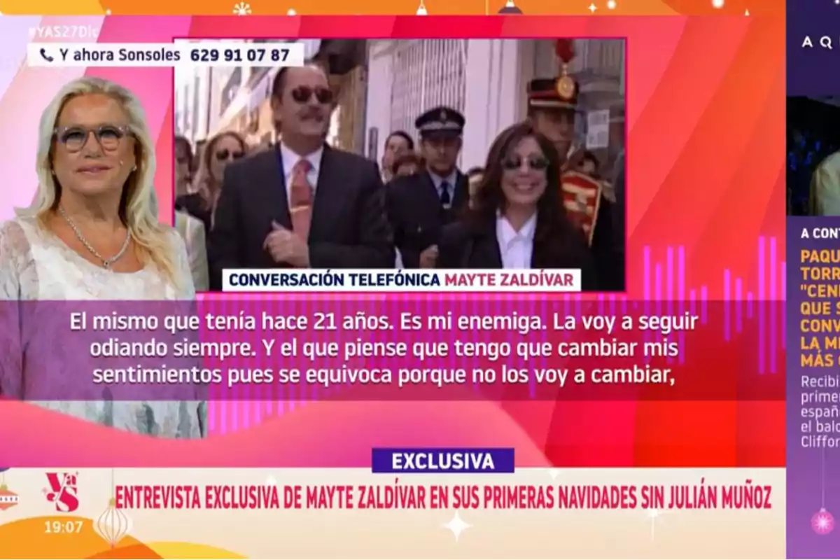 Mayte Zaldívar rubia con gafas aparece en un programa de televisión junto a una imagen de archivo de Julián Muñoz e Isabel Pantoja caminando, acompañada de un texto sobre una conversación telefónica con Mayte Zaldívar.